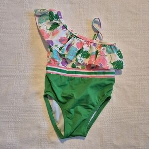 Janie and Jack girls size 6-12 months green & floral swim suit VGUC